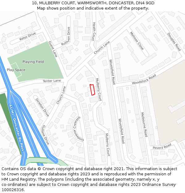 10, MULBERRY COURT, WARMSWORTH, DONCASTER, DN4 9GD: Location map and indicative extent of plot