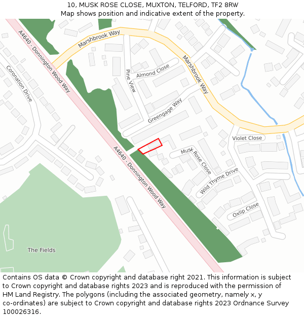 10, MUSK ROSE CLOSE, MUXTON, TELFORD, TF2 8RW: Location map and indicative extent of plot