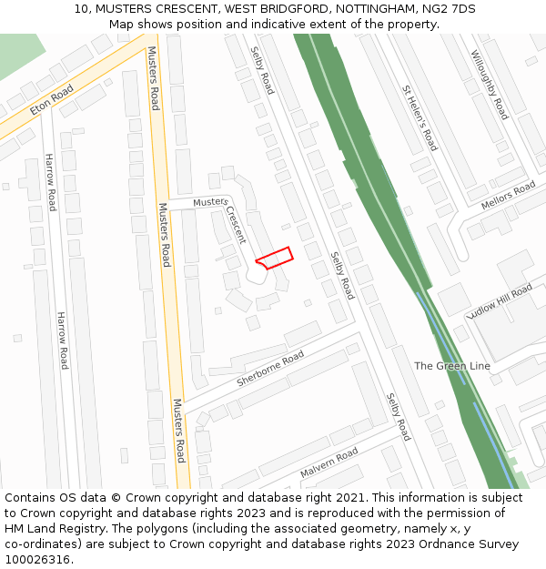 10, MUSTERS CRESCENT, WEST BRIDGFORD, NOTTINGHAM, NG2 7DS: Location map and indicative extent of plot