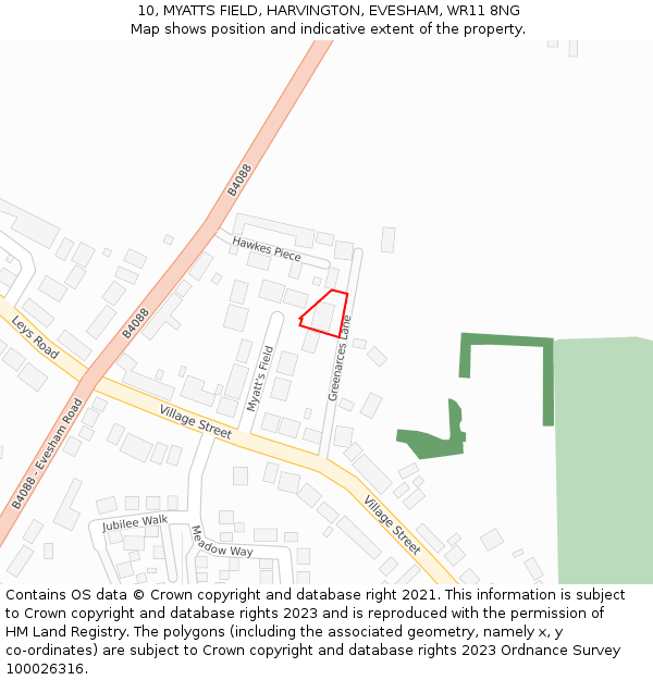 10, MYATTS FIELD, HARVINGTON, EVESHAM, WR11 8NG: Location map and indicative extent of plot