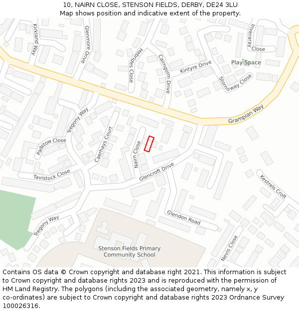 10, NAIRN CLOSE, STENSON FIELDS, DERBY, DE24 3LU: Location map and indicative extent of plot