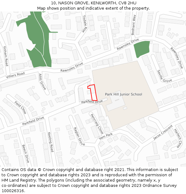 10, NASON GROVE, KENILWORTH, CV8 2HU: Location map and indicative extent of plot