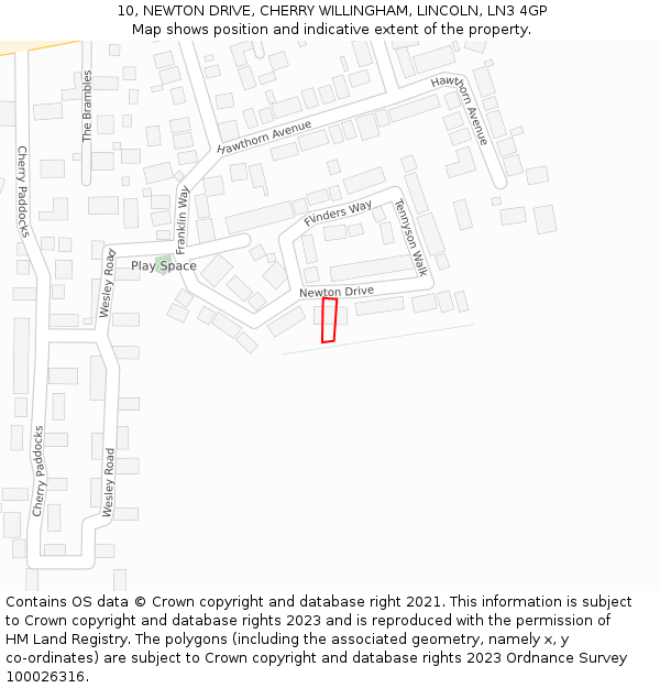 10, NEWTON DRIVE, CHERRY WILLINGHAM, LINCOLN, LN3 4GP: Location map and indicative extent of plot