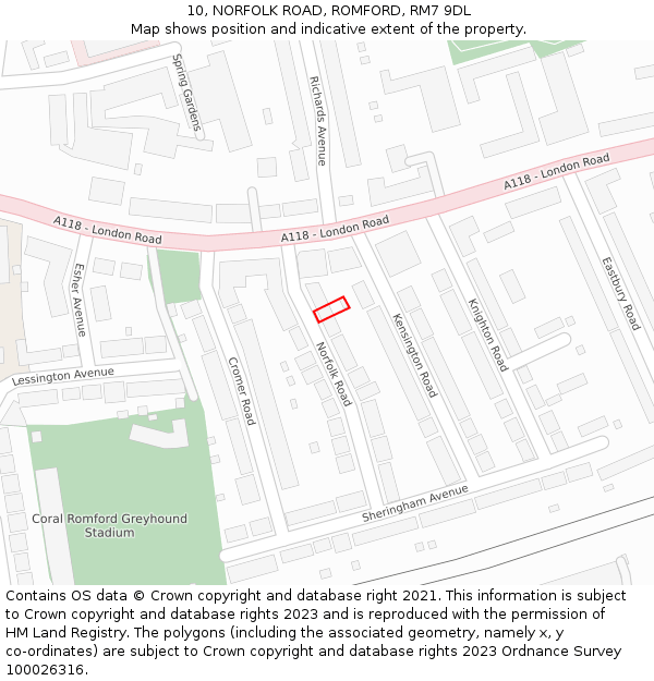 10, NORFOLK ROAD, ROMFORD, RM7 9DL: Location map and indicative extent of plot