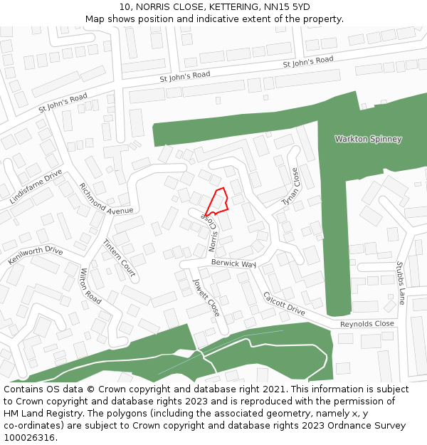 10, NORRIS CLOSE, KETTERING, NN15 5YD: Location map and indicative extent of plot