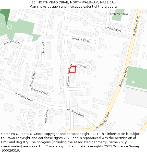 10, NORTHMEAD DRIVE, NORTH WALSHAM, NR28 0AU: Location map and indicative extent of plot
