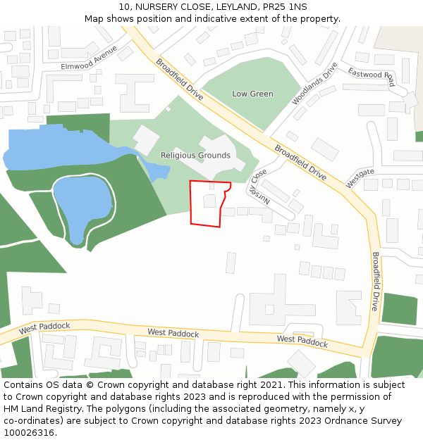 10, NURSERY CLOSE, LEYLAND, PR25 1NS: Location map and indicative extent of plot