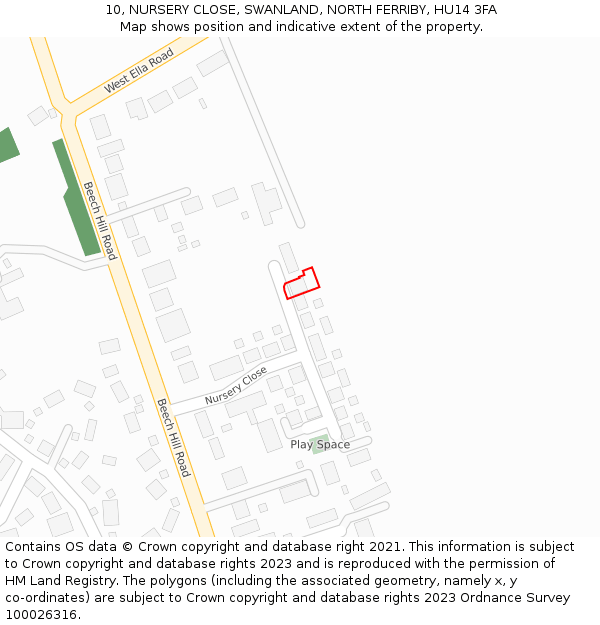 10, NURSERY CLOSE, SWANLAND, NORTH FERRIBY, HU14 3FA: Location map and indicative extent of plot