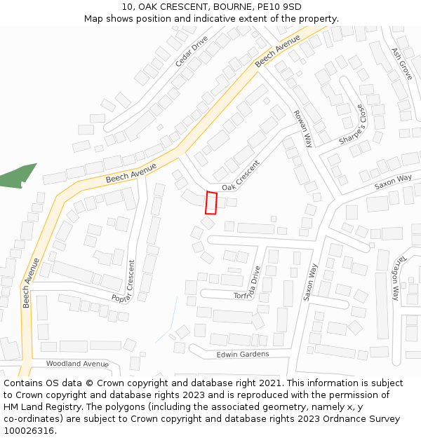 10, OAK CRESCENT, BOURNE, PE10 9SD: Location map and indicative extent of plot