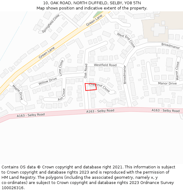 10, OAK ROAD, NORTH DUFFIELD, SELBY, YO8 5TN: Location map and indicative extent of plot