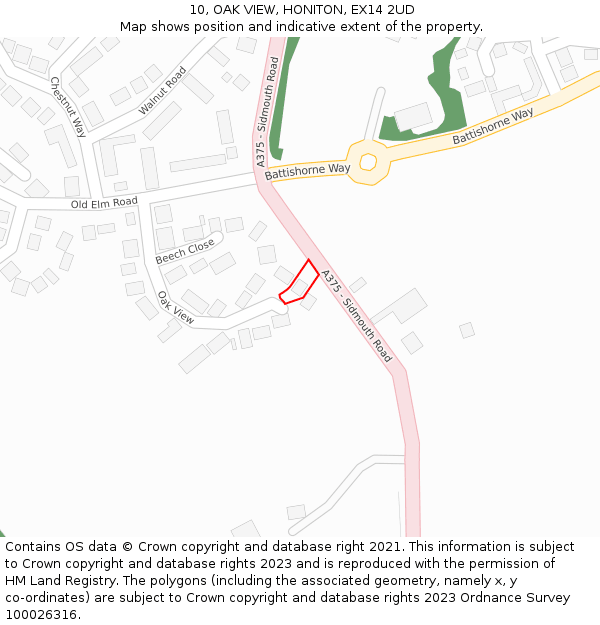 10, OAK VIEW, HONITON, EX14 2UD: Location map and indicative extent of plot