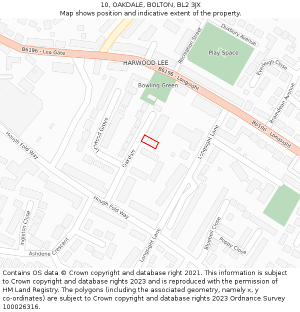 10, OAKDALE, BOLTON, BL2 3JX: Location map and indicative extent of plot