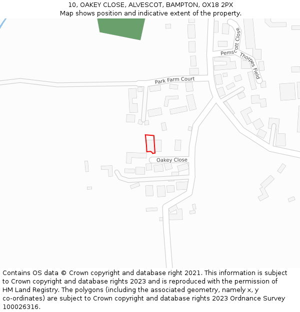 10, OAKEY CLOSE, ALVESCOT, BAMPTON, OX18 2PX: Location map and indicative extent of plot