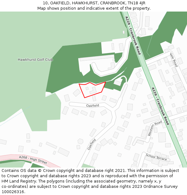 10, OAKFIELD, HAWKHURST, CRANBROOK, TN18 4JR: Location map and indicative extent of plot