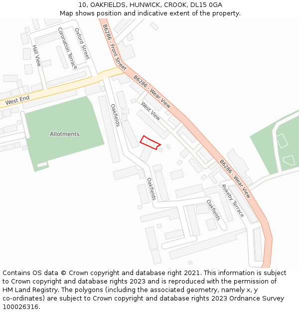 10, OAKFIELDS, HUNWICK, CROOK, DL15 0GA: Location map and indicative extent of plot