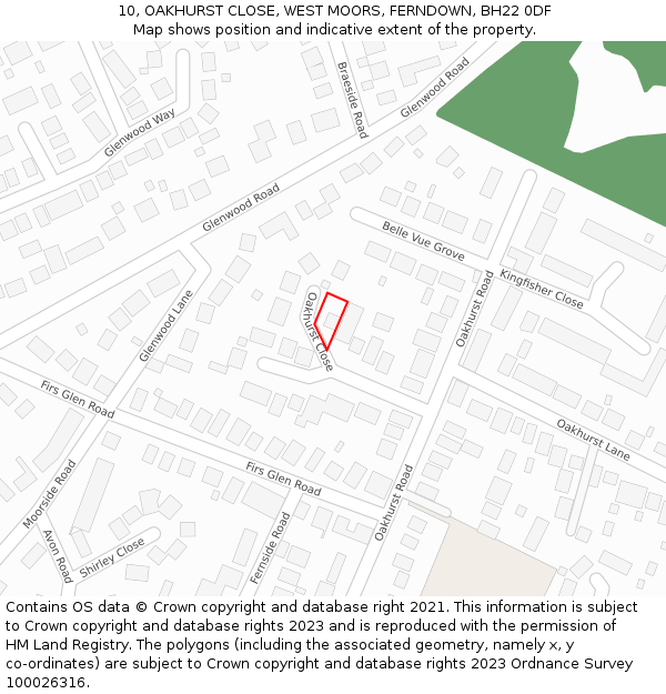 10, OAKHURST CLOSE, WEST MOORS, FERNDOWN, BH22 0DF: Location map and indicative extent of plot