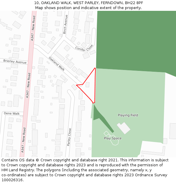 10, OAKLAND WALK, WEST PARLEY, FERNDOWN, BH22 8PF: Location map and indicative extent of plot