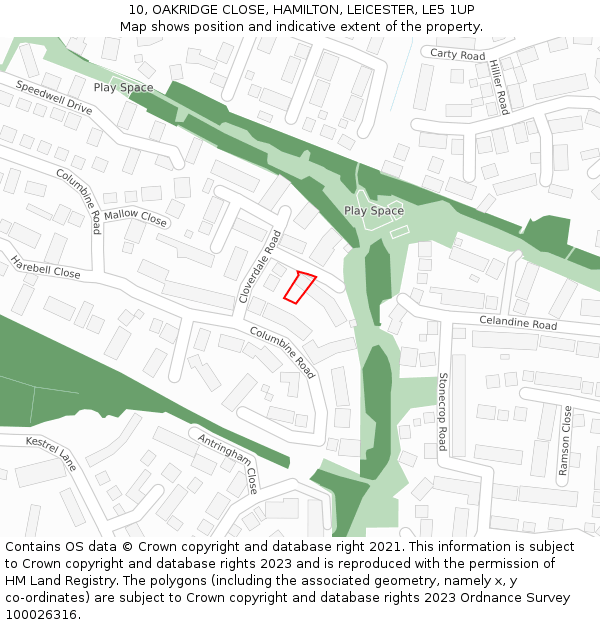 10, OAKRIDGE CLOSE, HAMILTON, LEICESTER, LE5 1UP: Location map and indicative extent of plot