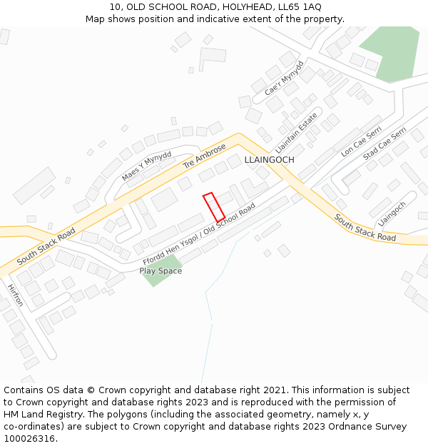 10, OLD SCHOOL ROAD, HOLYHEAD, LL65 1AQ: Location map and indicative extent of plot