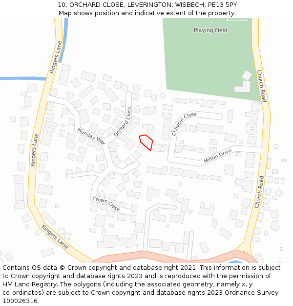 10, ORCHARD CLOSE, LEVERINGTON, WISBECH, PE13 5PY: Location map and indicative extent of plot