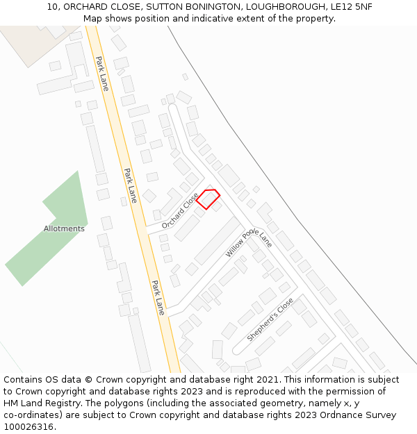 10, ORCHARD CLOSE, SUTTON BONINGTON, LOUGHBOROUGH, LE12 5NF: Location map and indicative extent of plot