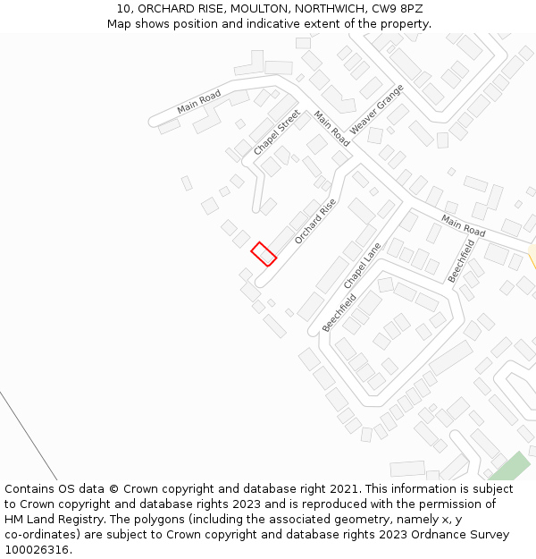 10, ORCHARD RISE, MOULTON, NORTHWICH, CW9 8PZ: Location map and indicative extent of plot