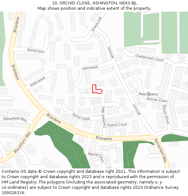 10, ORCHID CLOSE, ASHINGTON, NE63 8JL: Location map and indicative extent of plot