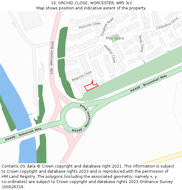 10, ORCHID CLOSE, WORCESTER, WR5 3LY: Location map and indicative extent of plot