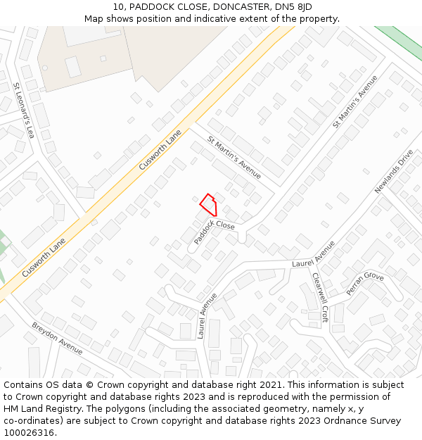 10, PADDOCK CLOSE, DONCASTER, DN5 8JD: Location map and indicative extent of plot