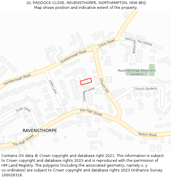 10, PADDOCK CLOSE, RAVENSTHORPE, NORTHAMPTON, NN6 8EQ: Location map and indicative extent of plot