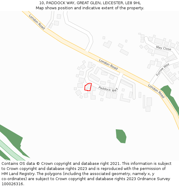 10, PADDOCK WAY, GREAT GLEN, LEICESTER, LE8 9HL: Location map and indicative extent of plot