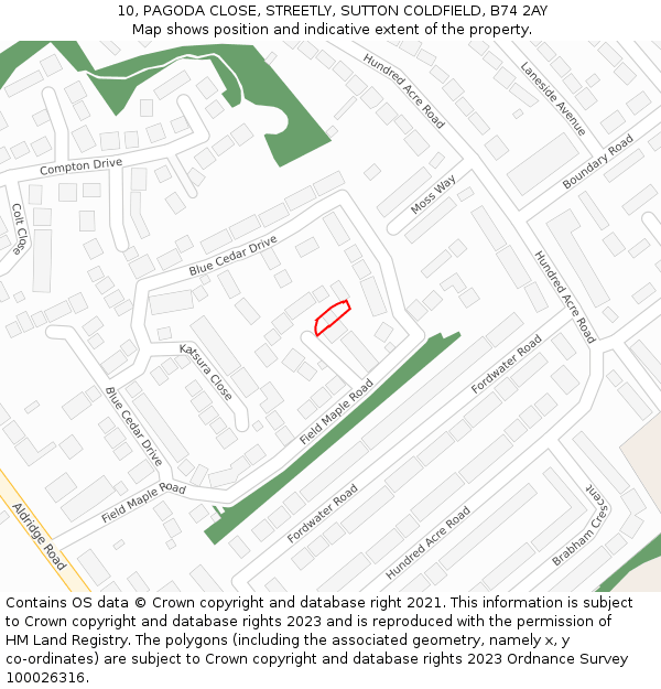 10, PAGODA CLOSE, STREETLY, SUTTON COLDFIELD, B74 2AY: Location map and indicative extent of plot