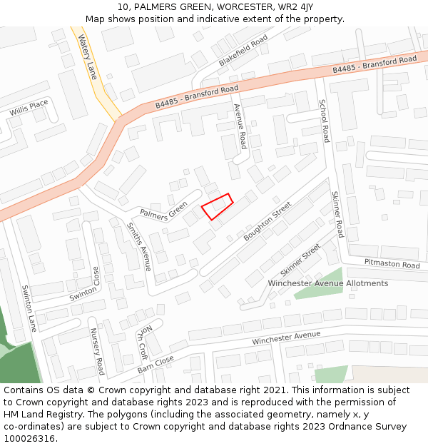 10, PALMERS GREEN, WORCESTER, WR2 4JY: Location map and indicative extent of plot