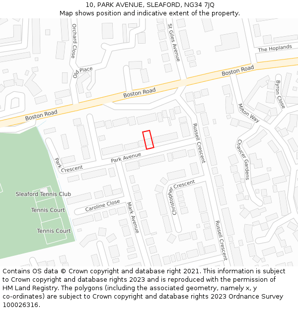 10, PARK AVENUE, SLEAFORD, NG34 7JQ: Location map and indicative extent of plot