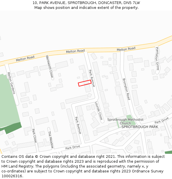 10, PARK AVENUE, SPROTBROUGH, DONCASTER, DN5 7LW: Location map and indicative extent of plot