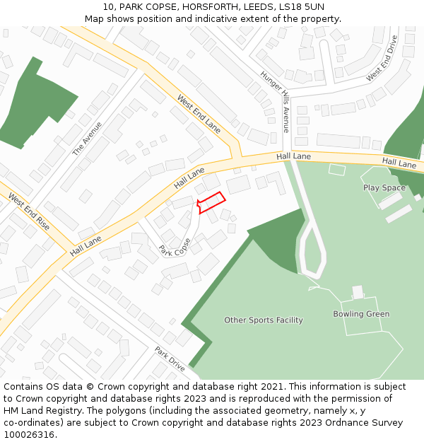 10, PARK COPSE, HORSFORTH, LEEDS, LS18 5UN: Location map and indicative extent of plot