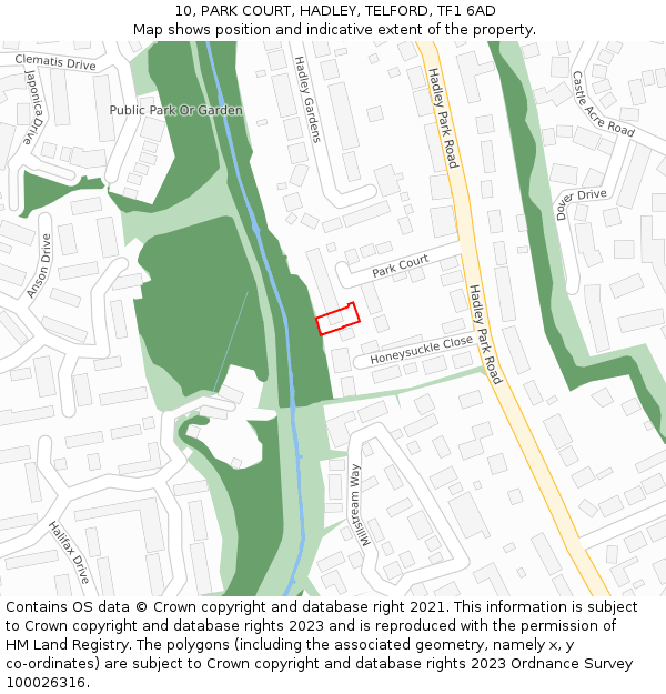 10, PARK COURT, HADLEY, TELFORD, TF1 6AD: Location map and indicative extent of plot