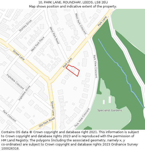 10, PARK LANE, ROUNDHAY, LEEDS, LS8 2EU: Location map and indicative extent of plot