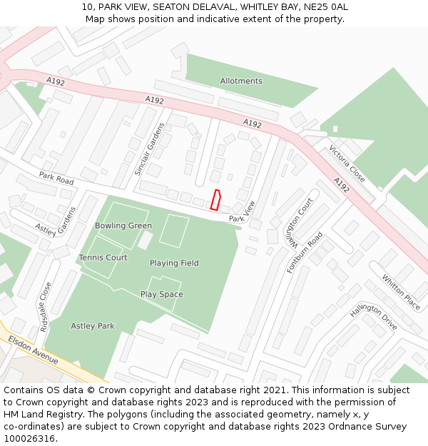 10, PARK VIEW, SEATON DELAVAL, WHITLEY BAY, NE25 0AL: Location map and indicative extent of plot