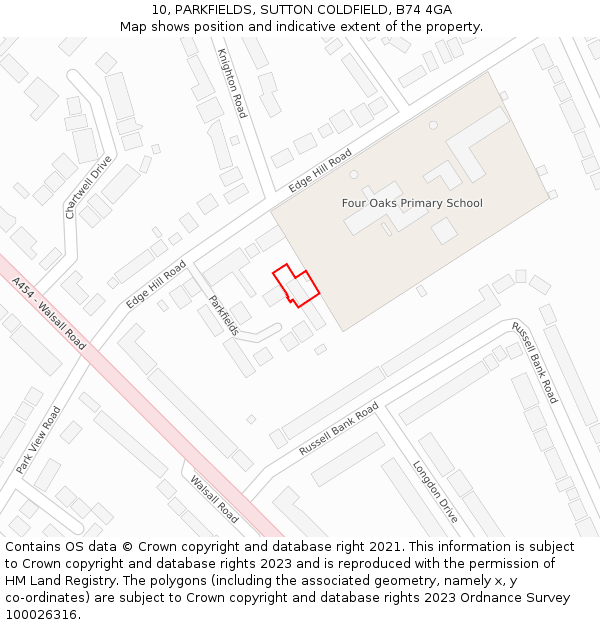 10, PARKFIELDS, SUTTON COLDFIELD, B74 4GA: Location map and indicative extent of plot