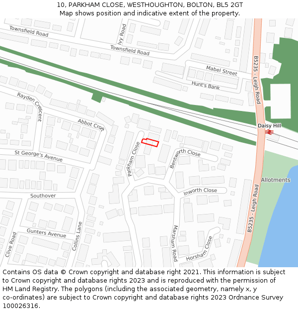 10, PARKHAM CLOSE, WESTHOUGHTON, BOLTON, BL5 2GT: Location map and indicative extent of plot