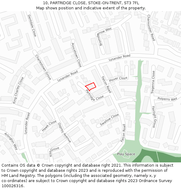 10, PARTRIDGE CLOSE, STOKE-ON-TRENT, ST3 7FL: Location map and indicative extent of plot