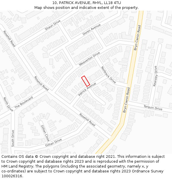 10, PATRICK AVENUE, RHYL, LL18 4TU: Location map and indicative extent of plot