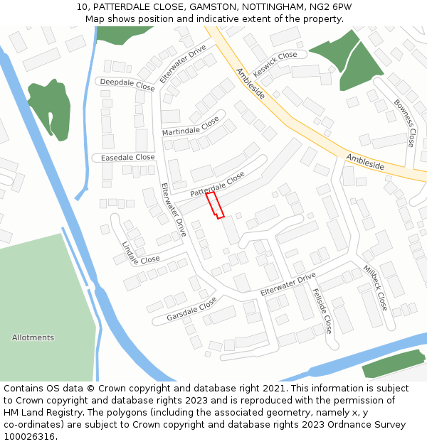 10, PATTERDALE CLOSE, GAMSTON, NOTTINGHAM, NG2 6PW: Location map and indicative extent of plot