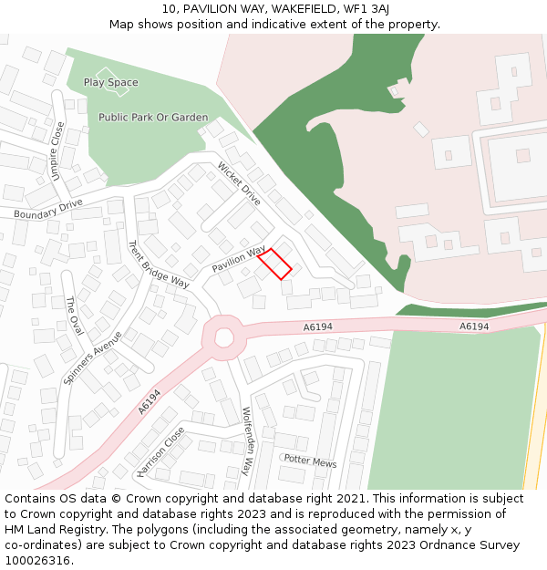 10, PAVILION WAY, WAKEFIELD, WF1 3AJ: Location map and indicative extent of plot