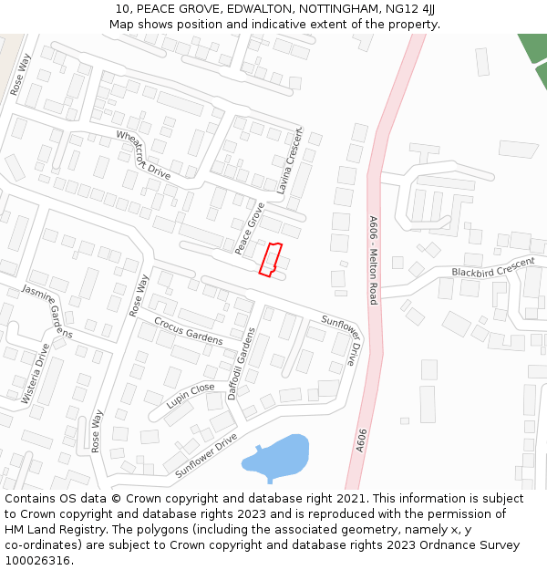 10, PEACE GROVE, EDWALTON, NOTTINGHAM, NG12 4JJ: Location map and indicative extent of plot