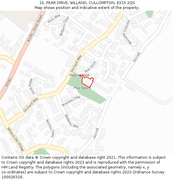 10, PEAR DRIVE, WILLAND, CULLOMPTON, EX15 2QS: Location map and indicative extent of plot