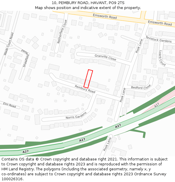 10, PEMBURY ROAD, HAVANT, PO9 2TS: Location map and indicative extent of plot