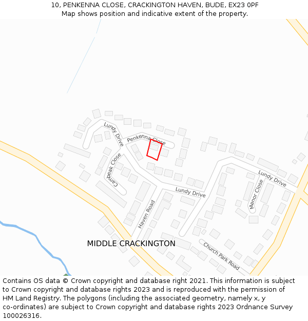 10, PENKENNA CLOSE, CRACKINGTON HAVEN, BUDE, EX23 0PF: Location map and indicative extent of plot