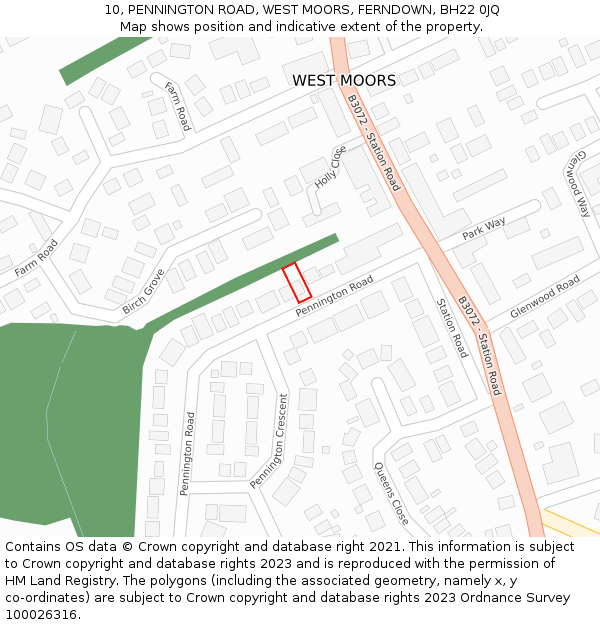 10, PENNINGTON ROAD, WEST MOORS, FERNDOWN, BH22 0JQ: Location map and indicative extent of plot